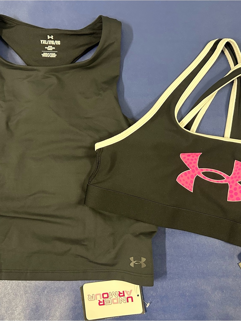 NWT Under Armour Black Crop Tank + Black & Pink Logo Sports Bra - Girls YXL